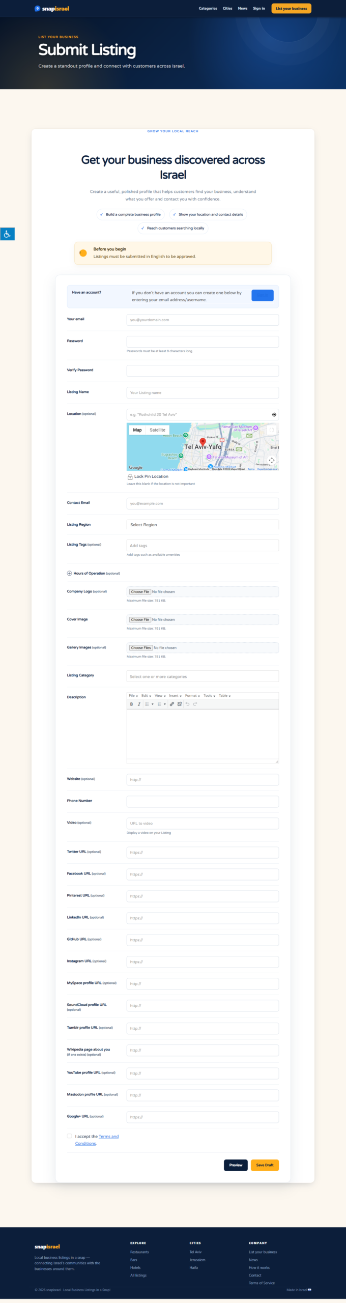 Snap Israel business listing form with address, map, contact and image fields