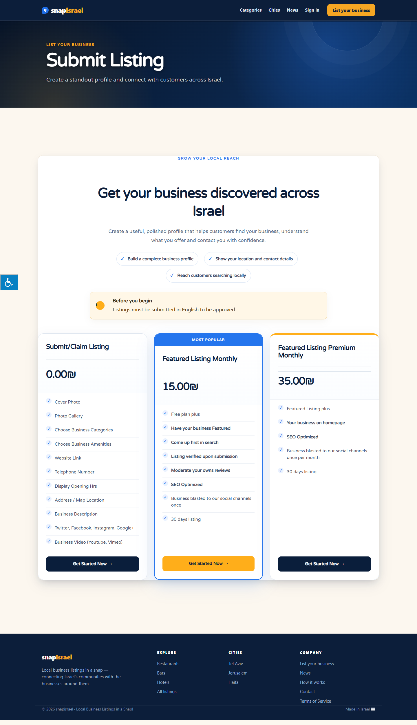 Snap Israel free and featured listing options